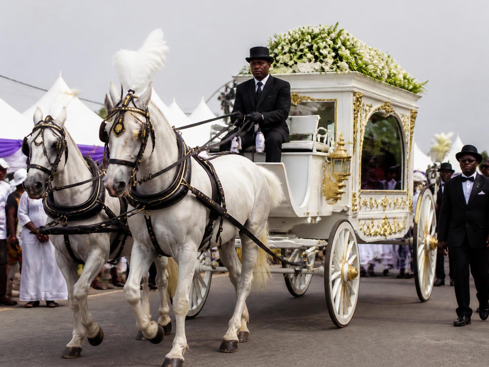 Elegant horse-drawn funeral chariot in a dignified procession