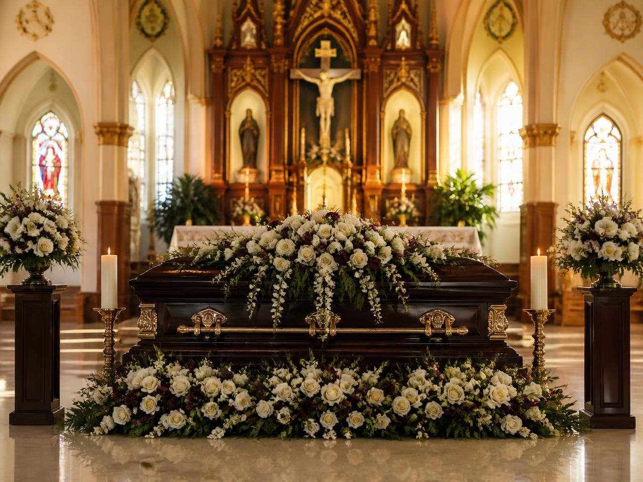 Church funeral ceremony with an elegant casket and floral arrangements